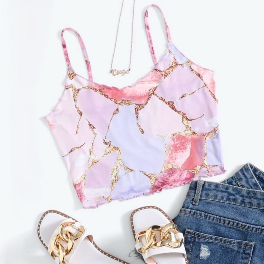 New Pink Purple Gold Marble Curly Trim Hem Crop Cami Tank Top Women’s Small (4)